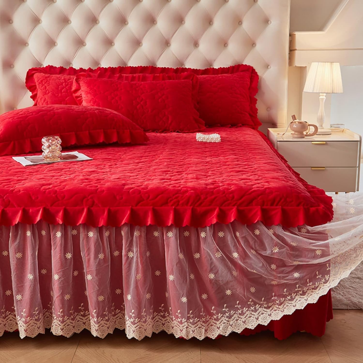Jupes de lit en flanelle verte 200x220cm avec draps matelassés très profonds pour grand lit