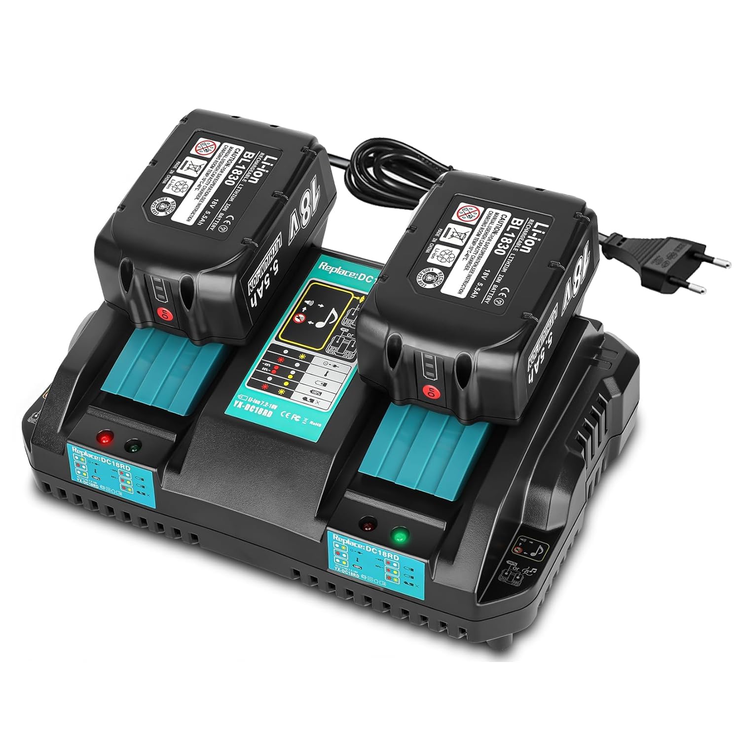 JYJZPB 2X BL1850B Batería 5.5Ah + Cargador DC18RD 4A Compatible para Makita,14.4V-18V Cargador Rápido Makita 18V Bateria BL1850 BL1845 BL1840 BL1830 BL1830B