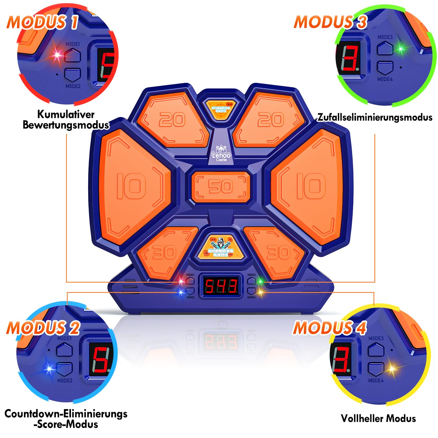 Lehoo Castle Nerf Zielscheibe, Elektronische Zielscheibe für Nerf Pistole, Digitale Zielscheibe mit Licht Sound Effekte, mit 1 Spielzeug Pistole, 20 Schaumstoff Munition, 2 Handgelenkbänder（Blau）
