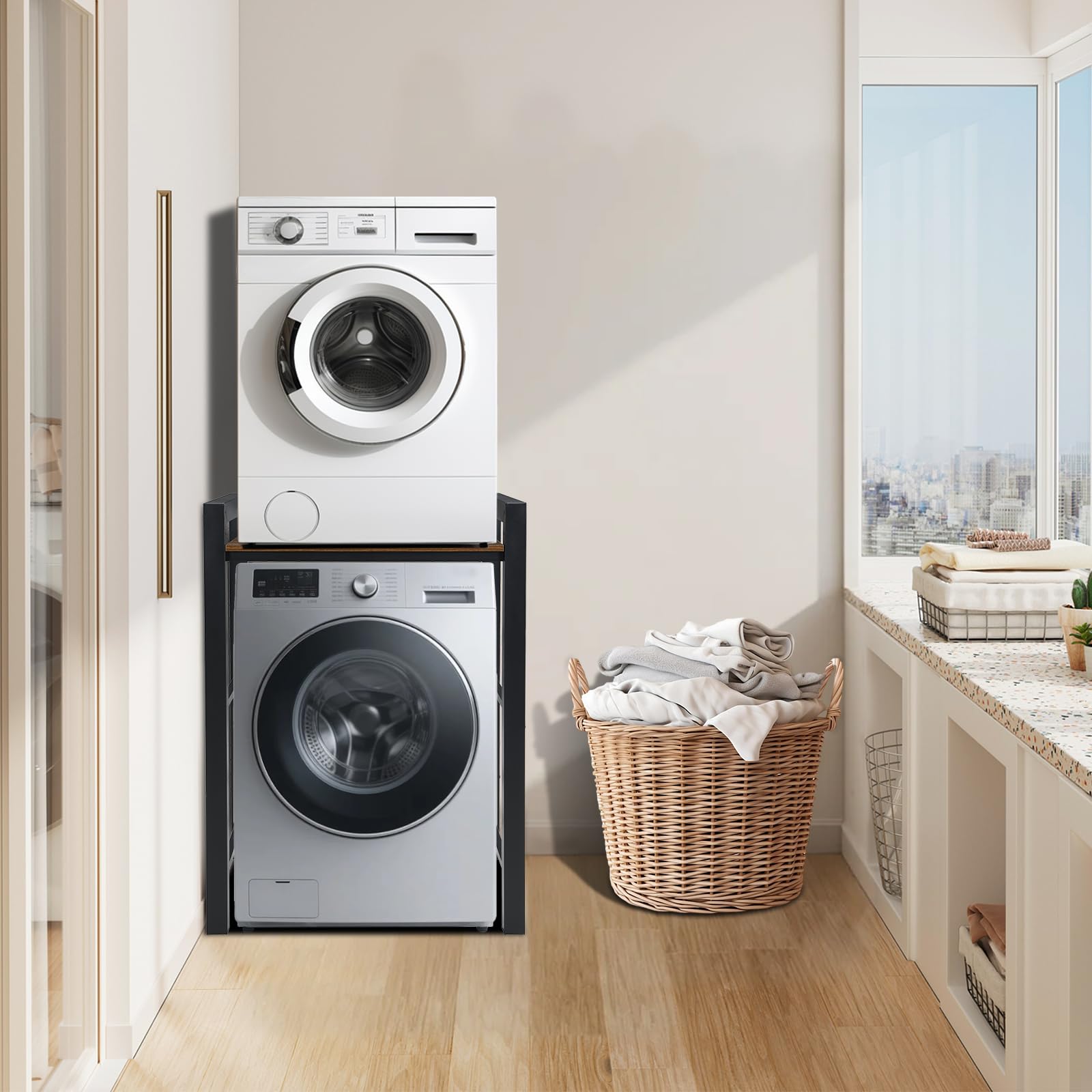 Regal über Waschmaschine mit Regalbrett,Waschmaschinenschrank Tragfähigkeit 300kg,Waschmaschinenregal für Waschmaschine und Trockner,Verbindungsrahmen Kit für Waschmaschine & Trockner