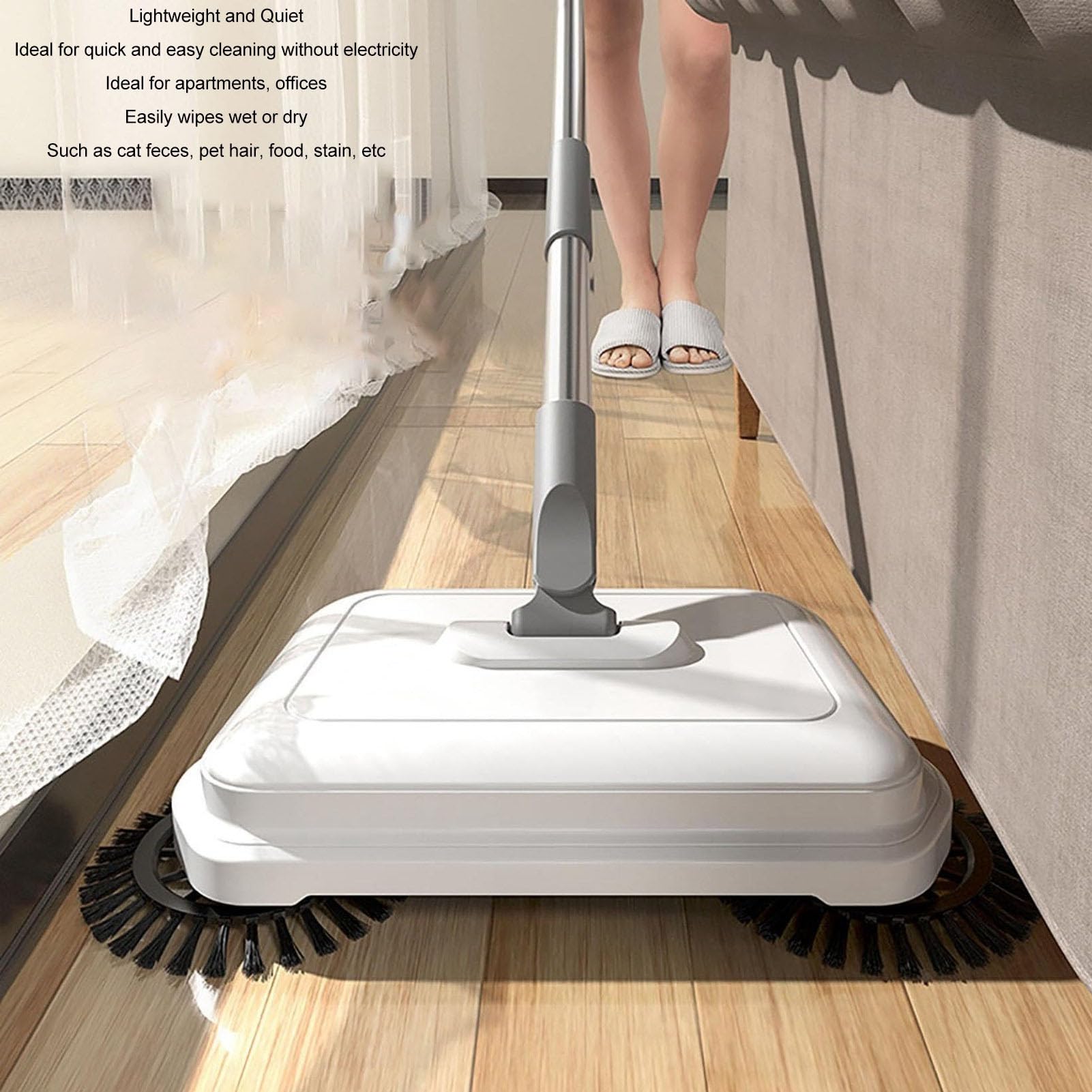 Escoba Manual de Empuje, Mopa de Limpieza de Pisos, Diseño Giratorio 360 Grados 2 en 1 Plegable Compacto para Uso en Seco y Húmedo, Mango de Acero Inoxidable con Cerdas Suaves y Gr