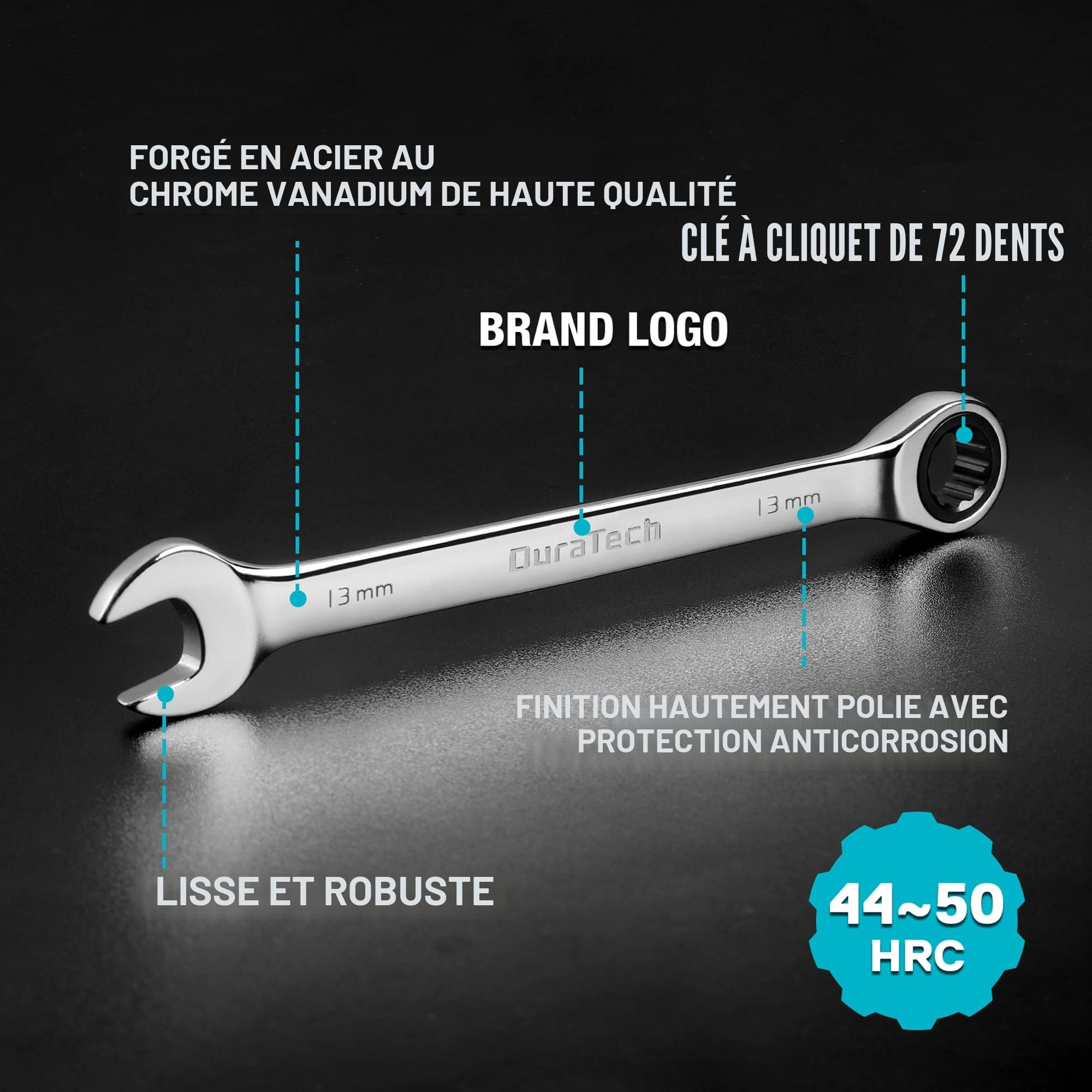 DURATECH Lot de Clé Plate à Cliquet 10 pièces 6-18 mm, Jeu de Clés Mixtes à Cliquet en Acier au Chrome Vanadium, 72 Dents 5° Angle Reprise, Métrique, avec Pochette Enroulable