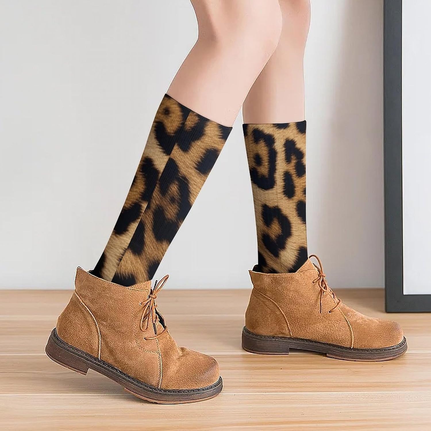 Breathable Crew Sock, Moisture Wicking, Athletic Calf Socks, Cozy | Rough Leopard Print Compression Socks for Women Men, Lightweight High Work Socks for Business, Casual