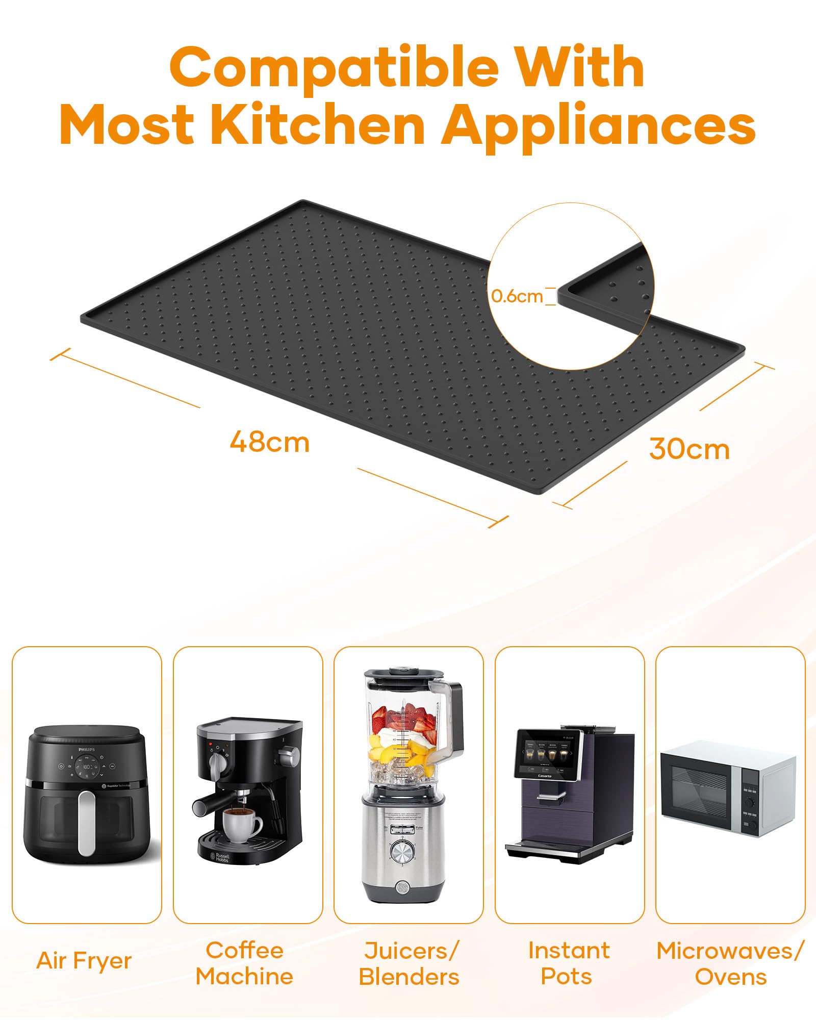 Podkładka pod ekspres do kawy, 48 x 30 cm, silikonowa mata do ekspresu do kawy, odporna na wysokie temperatury, mata silikonowa do De Longhi Magnifica Philips LatteGo Ninja Airfryer