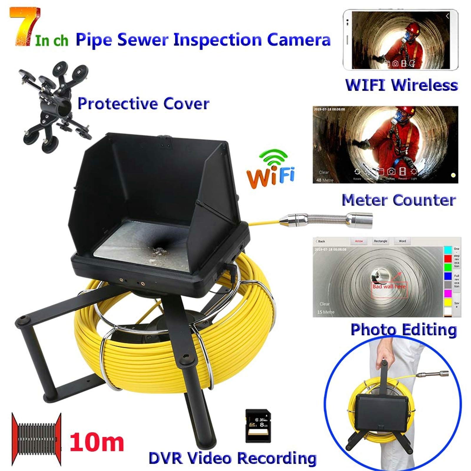 Telecamera di ispezione Wireless WiFi con contametri, Telecamera di Scarico fognario endoscopio per condotte IP68, periscopio DVR con Monitor da 7 Pollici, con