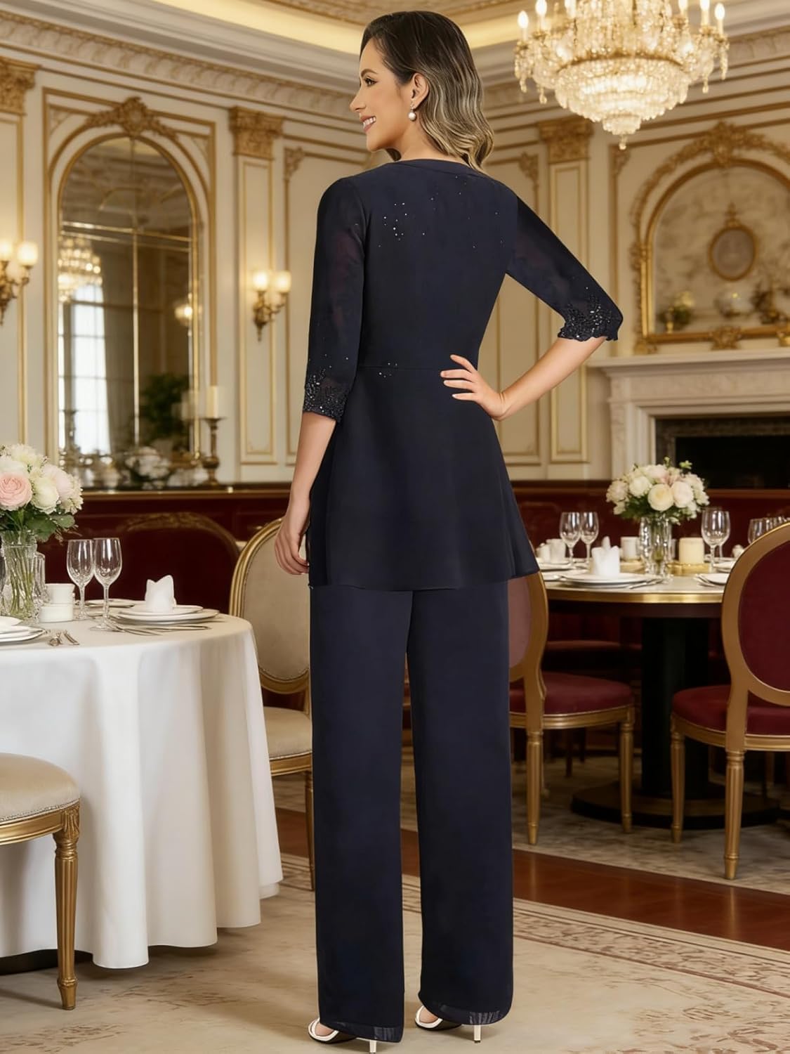 Damen Festlich Hosenanzug 3-Teilig Chiffon Brautmutter Abendanzug Mutter Der Braut Anzug Set Mit Jacke