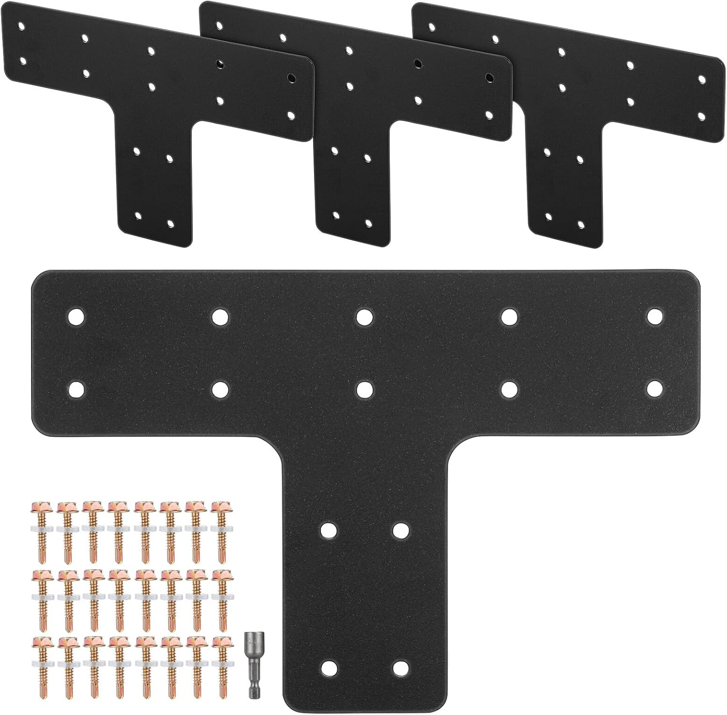 T Post Bracket Flat Mending Plate Heavy Duty T-Shaped Metal Flat Straight Repair Braces for Wood Fence with 56 Screws and Socket Set, Black, 4pcs Kit for Pergola and Lumber Framing