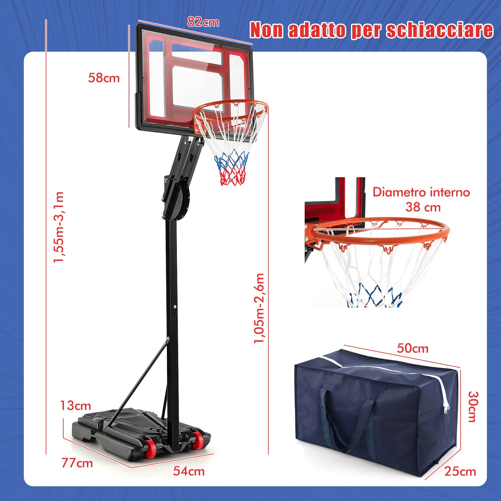 COSTWAY Canestro da Basket da Esterno ed Interno, Canestro da Basket Regolabile a 10 Livelli e Portatile, con Tabellone da 82cm, 2 Ruote e Borsa, per Tutte le Condizioni Atmosferiche