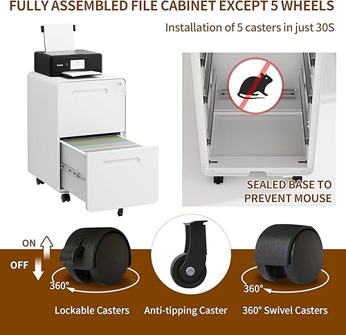 Miniatura 8 de Archivador de 2 cajones con cerradura y 4 llaves, archivador móvil de metal, archivadores para oficina en casa, debajo del escritorio, premontaje,