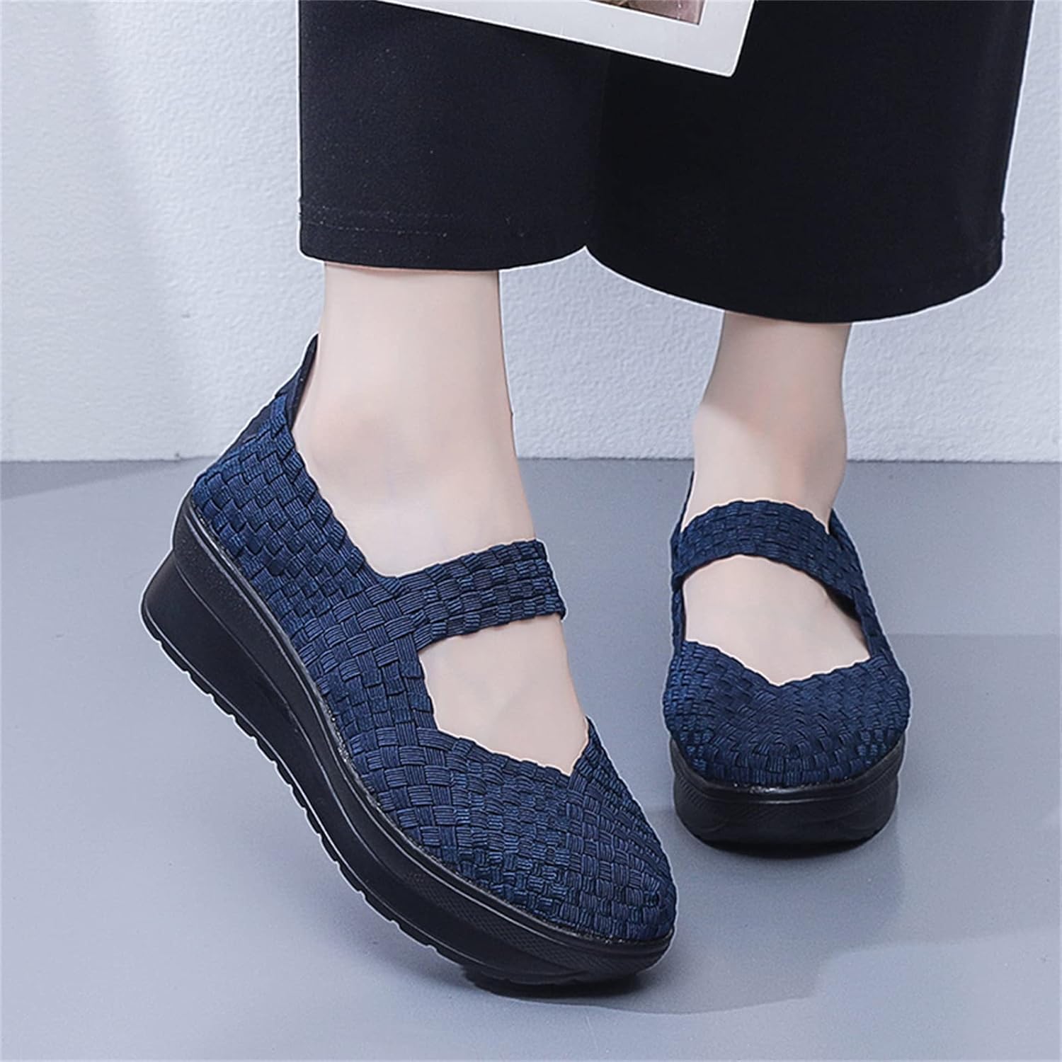 Touchmosees Women's Platform Wedge Sandals Woven Pumps Mary Jane Shoes Comfortable Walking Shoes