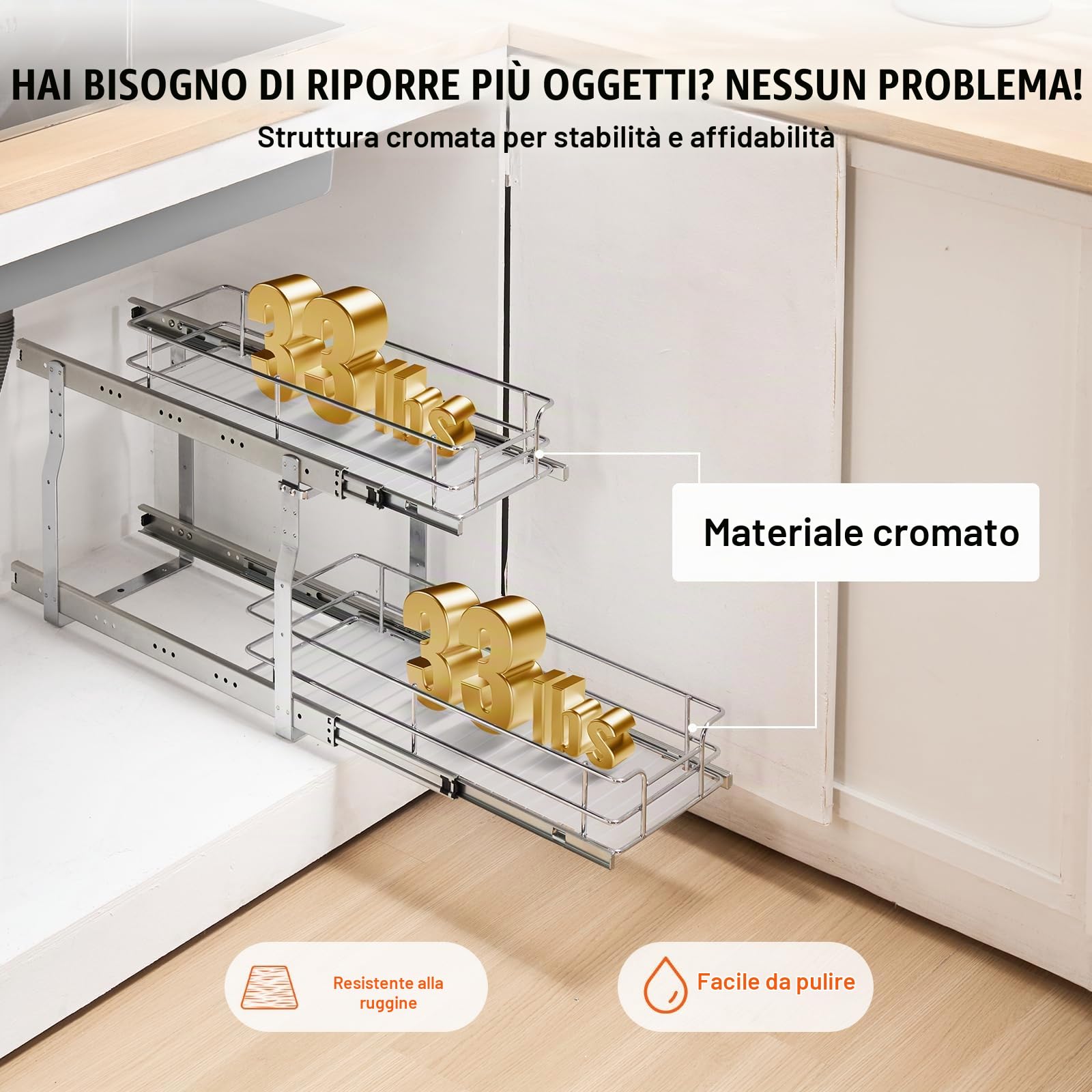 VEVOR Organizer Estensibile per Armadio 215 x 533 x 385 mm, Ripiani Estraibili per Carichi Pesanti, Cassetti Estraibili in Acciaio Cromato, Cassetto per Armadio Cucina Domestico Bagno Sotto Lavandino