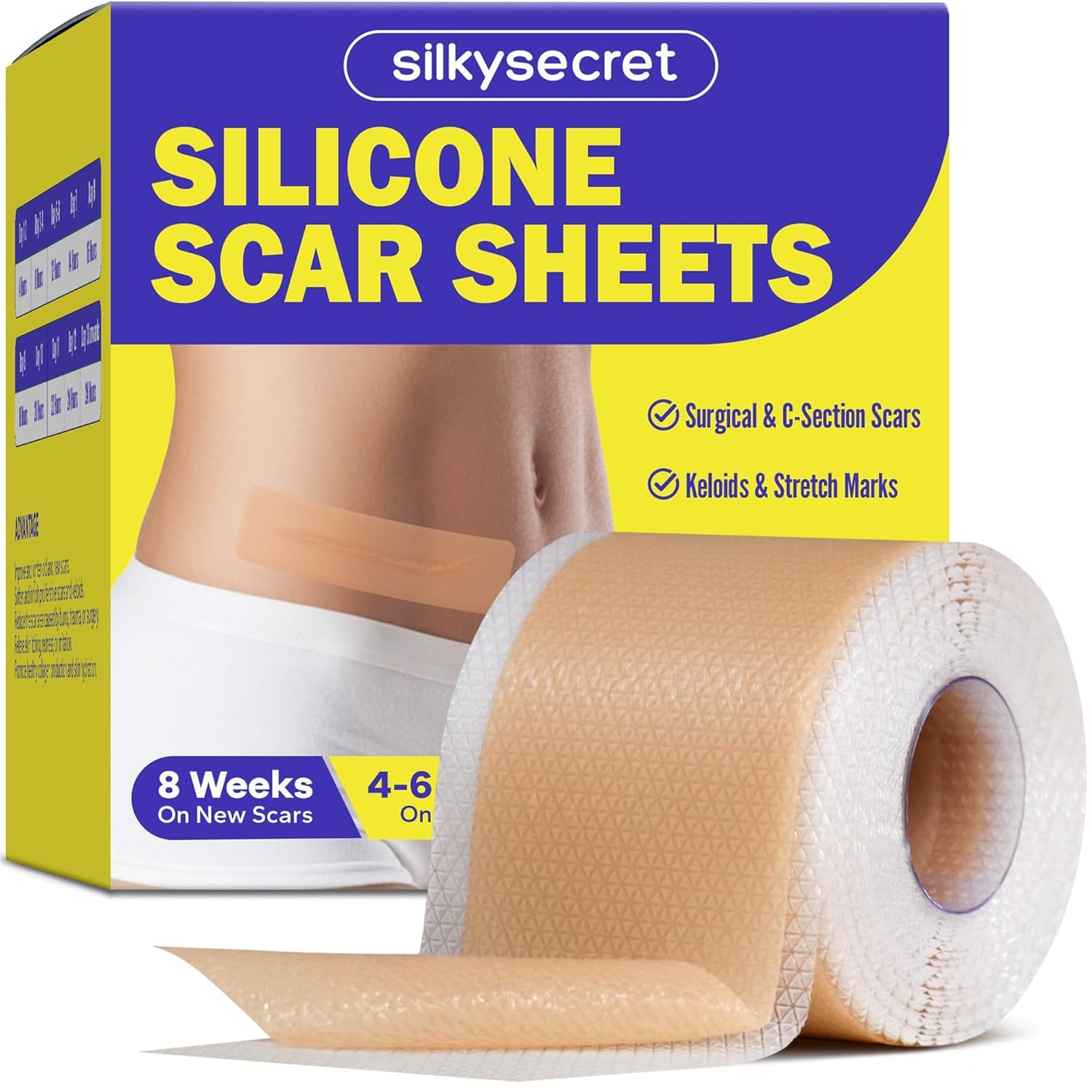 SilkySecret Foglie di cicatrici in silicone (rotolo da 4,1 cm x 152,4 cm, 1,5 m), per cicatrici chirurgiche, cheloidi e cicatrici cesaree, cerotti riutilizzabili e lavabili per il