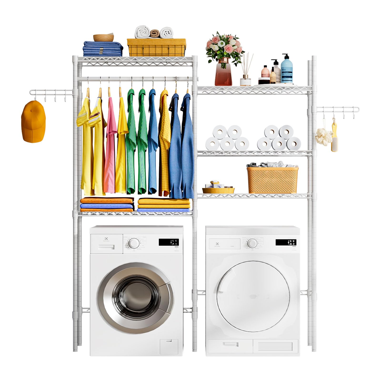 Clothes Drying Rack, Over Washer and Dryer Storage Shelf, Laundry Room Organization Shelves Bathroom Towel Rack with Adjustable Shelves, Wire Basket, and Rotatable Hooks (White, Large)