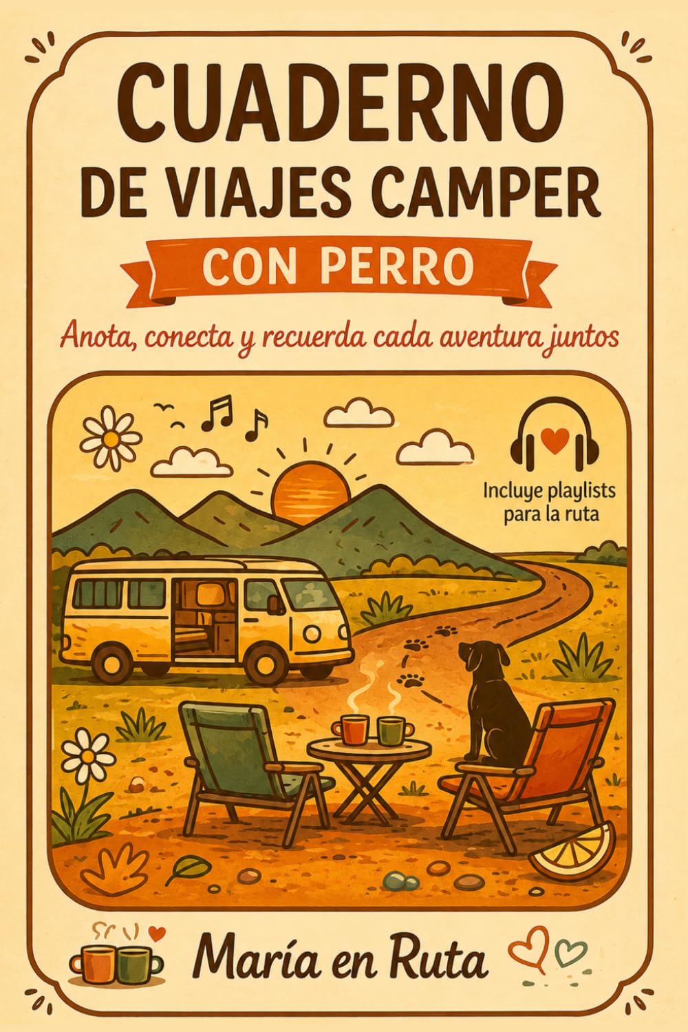 CUADERNO DE VIAJES CAMPER CON PERRO: Diario de ruta con retos y playlists para guardar recuerdos, disfrutar en ruta y vivir cada aventura junto a tu perro.