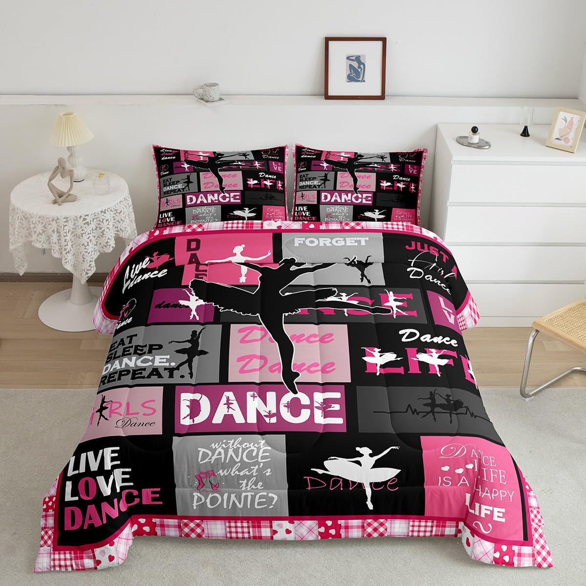 Manfei Dance Comforter Set Full Size, Ballet Dance Theme Quilt Set with 2 Pillowcases, Ballet Princess Dancer Bedding Set 3pcs for Kids Girls Bedroom Decor, Abstract Art Duvet Insert
