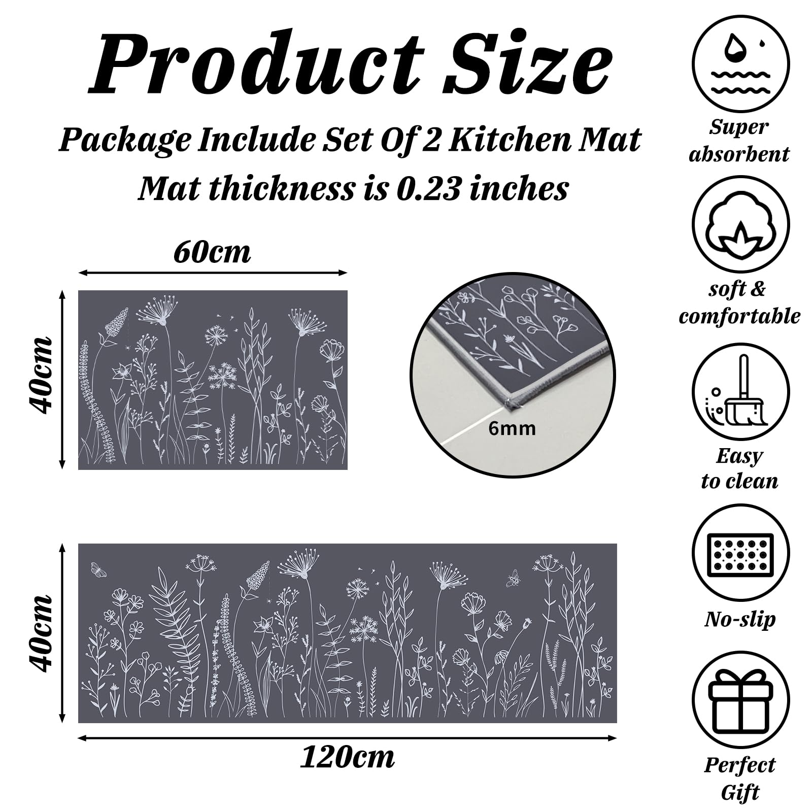 Tapis de Cuisine Lavable en Machine Antidérapant Lot de 2 40x120cm+40x60cm