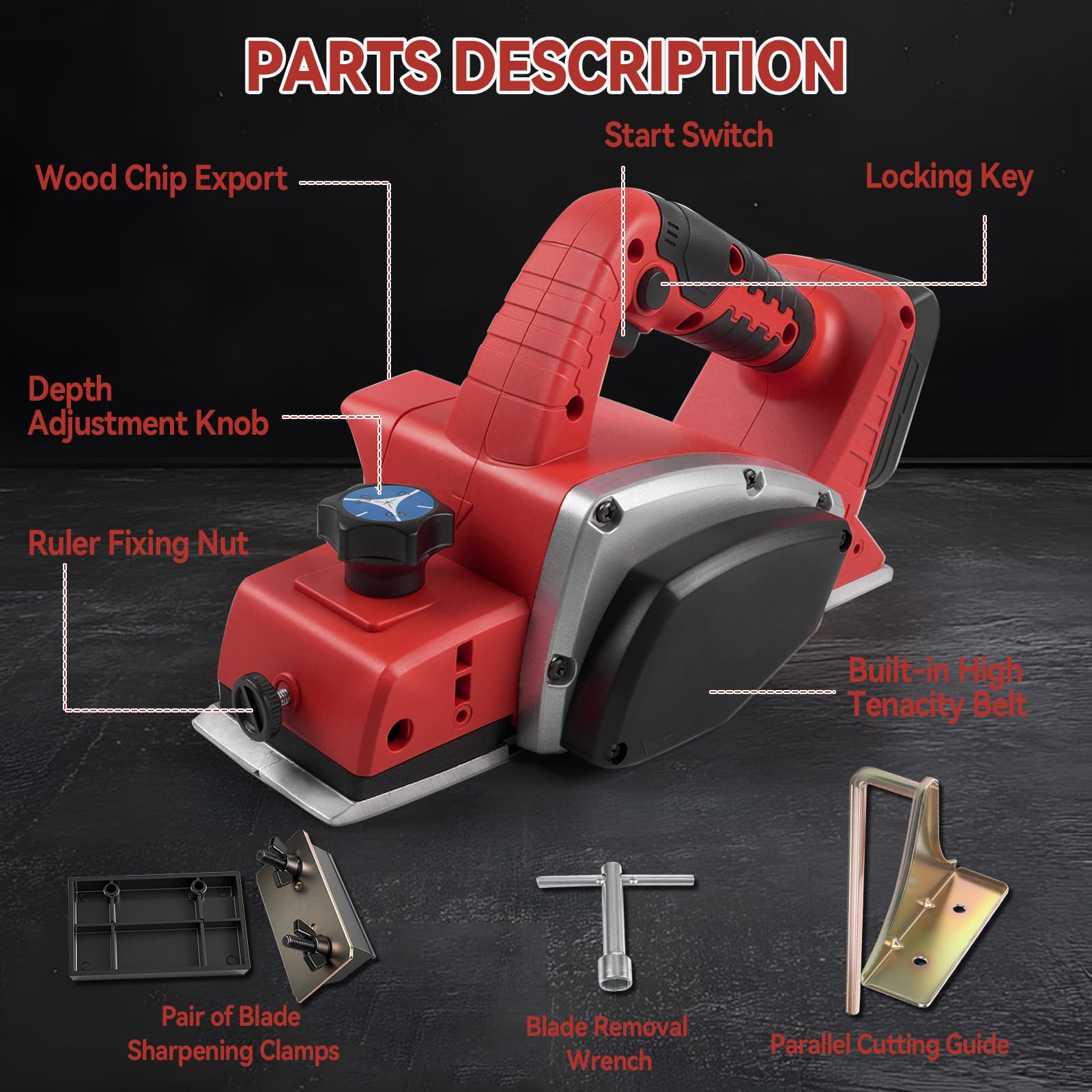 Pianatrice elettrica senza fili per legno compatibile con la batteria Milwaukee 18V, 15000RPM Pianatrice elettrica senza spazzole per la lavorazione del legno (Red)