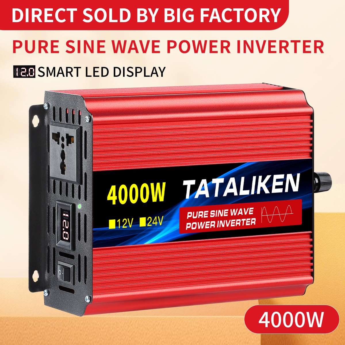 Inverter Auto,Inverter Onda Pura Inverter a onda sinusoidale pura 1000W-4000W CC 12V/24V a CA 220V 50Hz Inverter di potenza Caricabatterie(12V 1000W 220V)