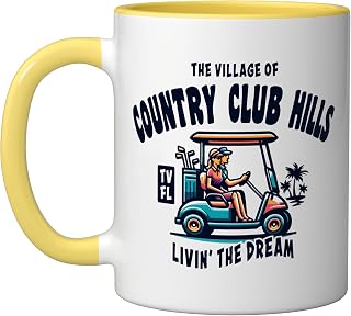 The Village of Country Club Hills Golf Cart Design Ceramic Mug, Yellow/White