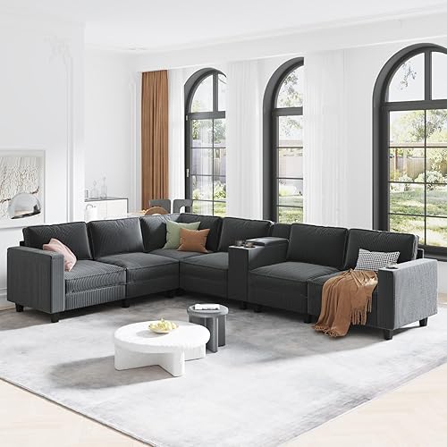 EYBCT Corduroy Modular Sectional with USB & Type-c Port, Oversized L Shaped Couch with Two Hidden Storage Space Corner Couch with Three Cup Holder Sectional Couches for Living Room Grey 6 Seat - Grey Plus