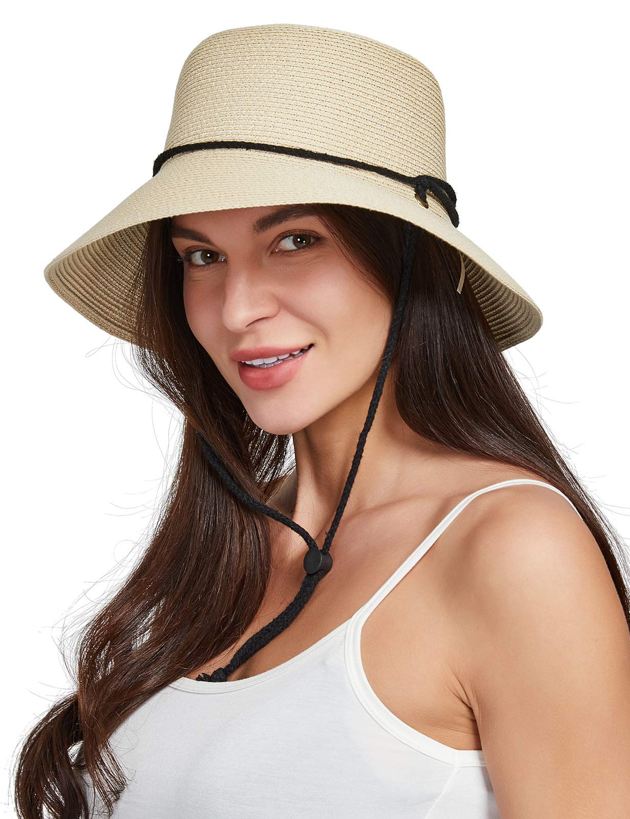 Gisdanchz Mujer Sombreros de Paja con Correa para La Barbilla - Sombrero de Sol Verano, UPF50, Plegable, ala Ancha, para Viaje Playa Verano