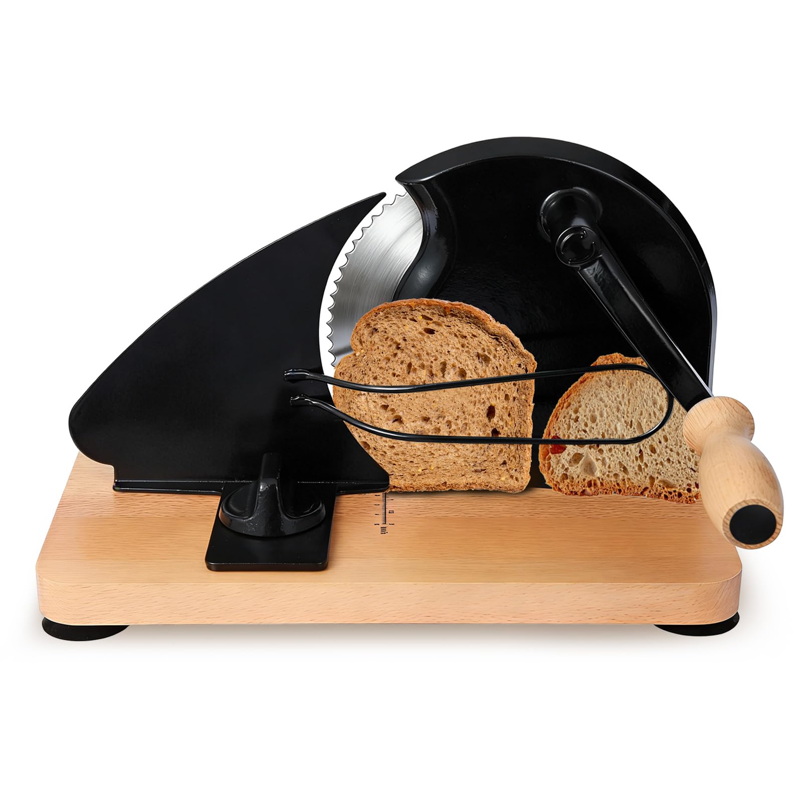 Brotschneidemaschine Manuell mit Handkurbel,Brotschneider mit Verstellbarer Scheibenbreite 0-2,2 cm,Edelstahl Klinge & Massivholz,Tragbare Schneidemaschine mit Saugnäpfen für Sauerteig Brot&Roggen