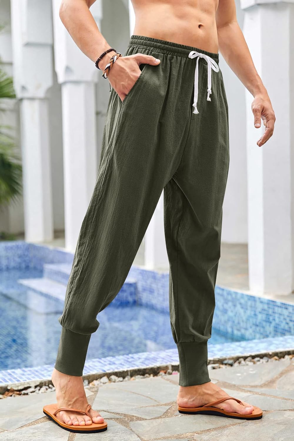 Pengfei Men's Joggers Pants Drawstring Elastic Pockets, Army Green, Large - Image 4