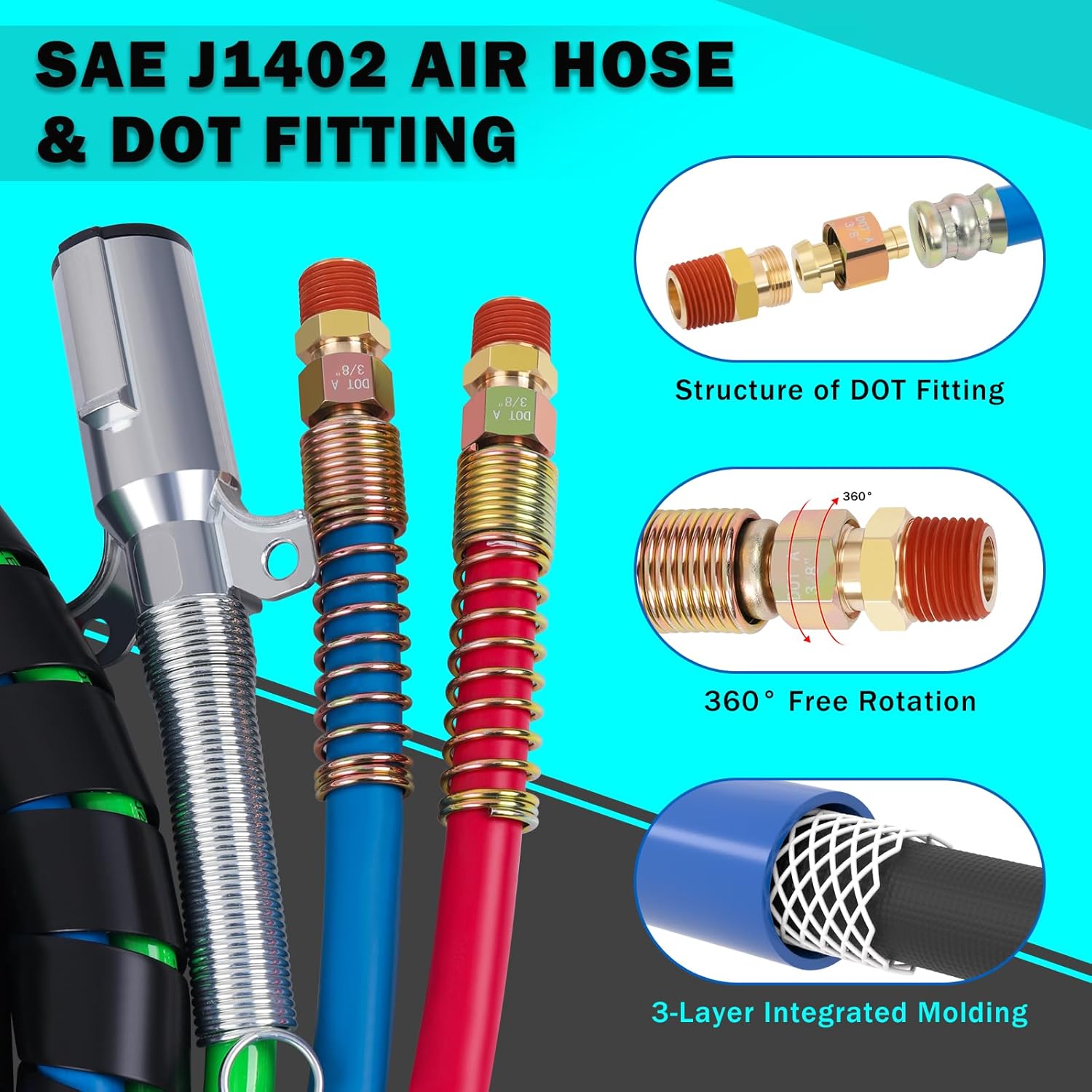 CheeMuii 15FT Semi Truck Air Line Kit with Gladhand Holder and Springs Kit Red & Blue Air Brake Hoses and 7 Way Trailer Cord 3-in-1 Air Lines Set for Semi Truck Trailer Tractor