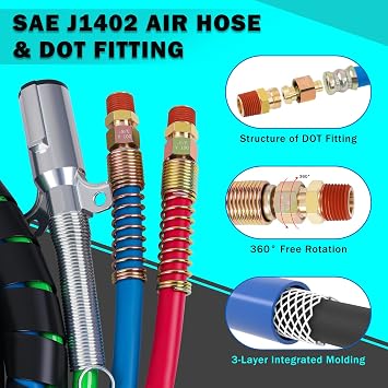 CheeMuii 12FT Semi Truck Air Lines Kit 3-in-1 Air Hoses for Truck Trailer