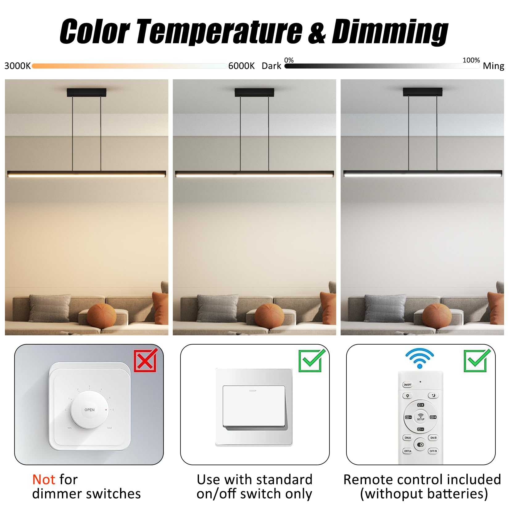 Luce a Sospensione LED, 100cm/36W, 3000K-6000K Tre Temperature di Colore Regolabili con Telecomando, Lampada Sospensione Lineare per Sala Da Pranzo, Soggiorno, Nero