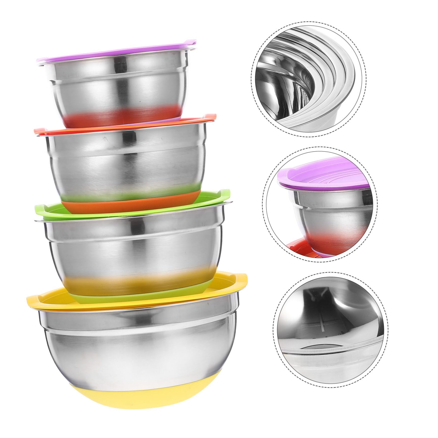 ERINGOGO Bols à Mélanger Couleur Aléatoire Couvercle Plusieurs styles Multifonction Fond en Silicone Antidérapant, Saladier Rond Lot de 4 en Acier Inoxydable Cuisine et Préparation