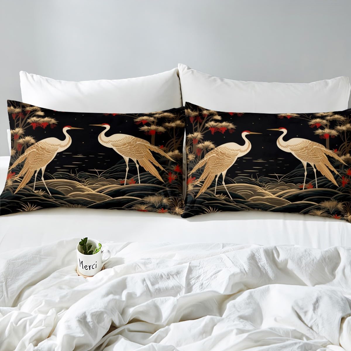 Feelyou Japanese Crane Bedding Set Red Crowned Crane Duvet Cover for Kids Boys Girls Wild Animal Comforter Cover Lucky Clouds Bedspread Cover Bedroom Collection 2Pcs Toddler Size,No Comforter