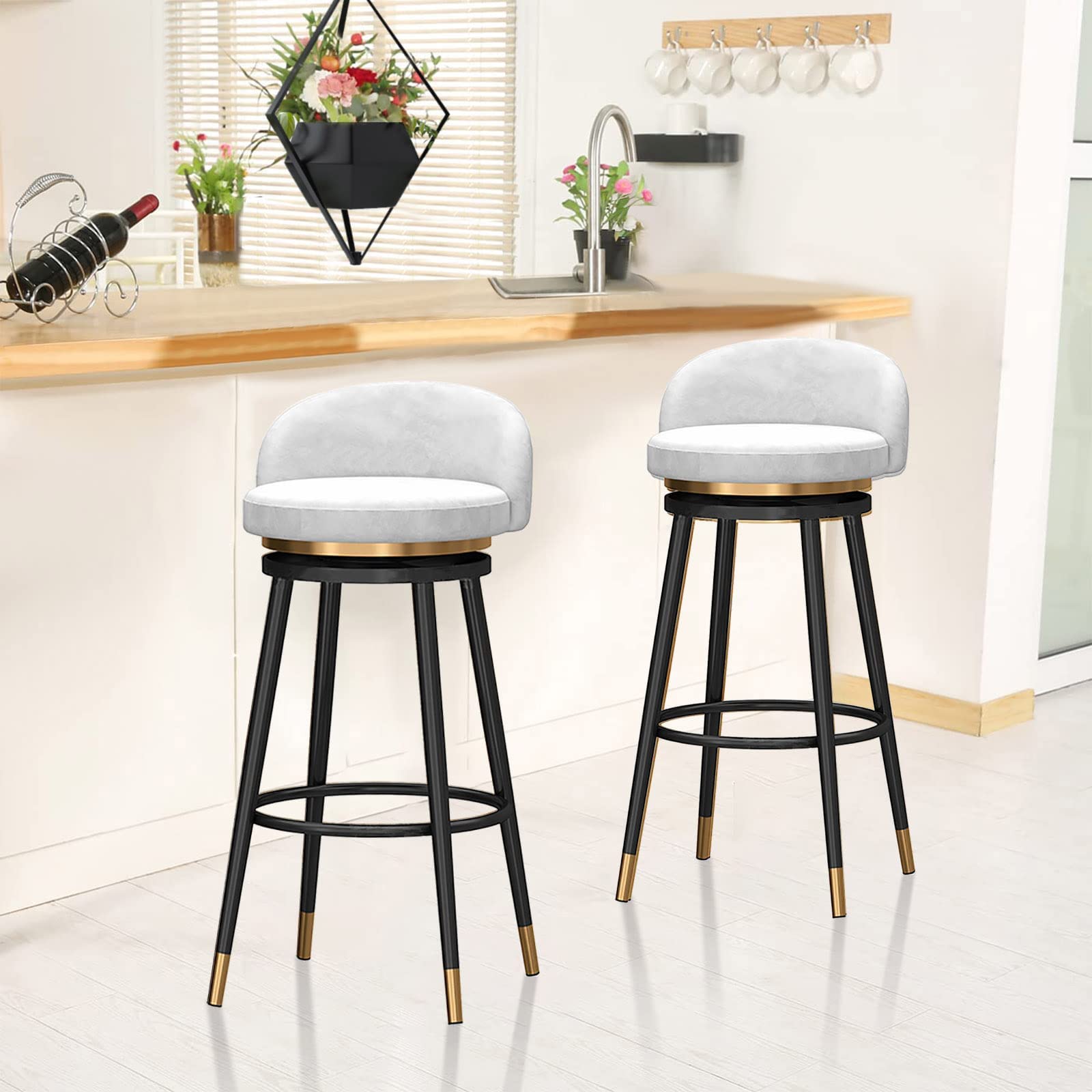 UIBHGVFG Set Da 3 Sgabelli Bar Per Isola Cucina Girevoli, Sgabello Bar Con Schienale Altezza Bancone, Seduta In Velluto Nero, Gambe In Metallo Nero, Altezza Seduta 65 Cm