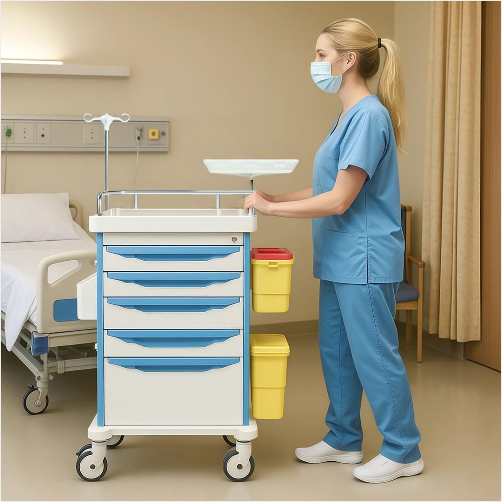 Carrello di emergenza con accessori IV Pole, scheda cardiaca, supporto O2, carrello mobile, bidone della spazzatura, cassetto per clinica, centro infermieristico, 76,2 cm L x 48,3 cm L x 96,5 cm H