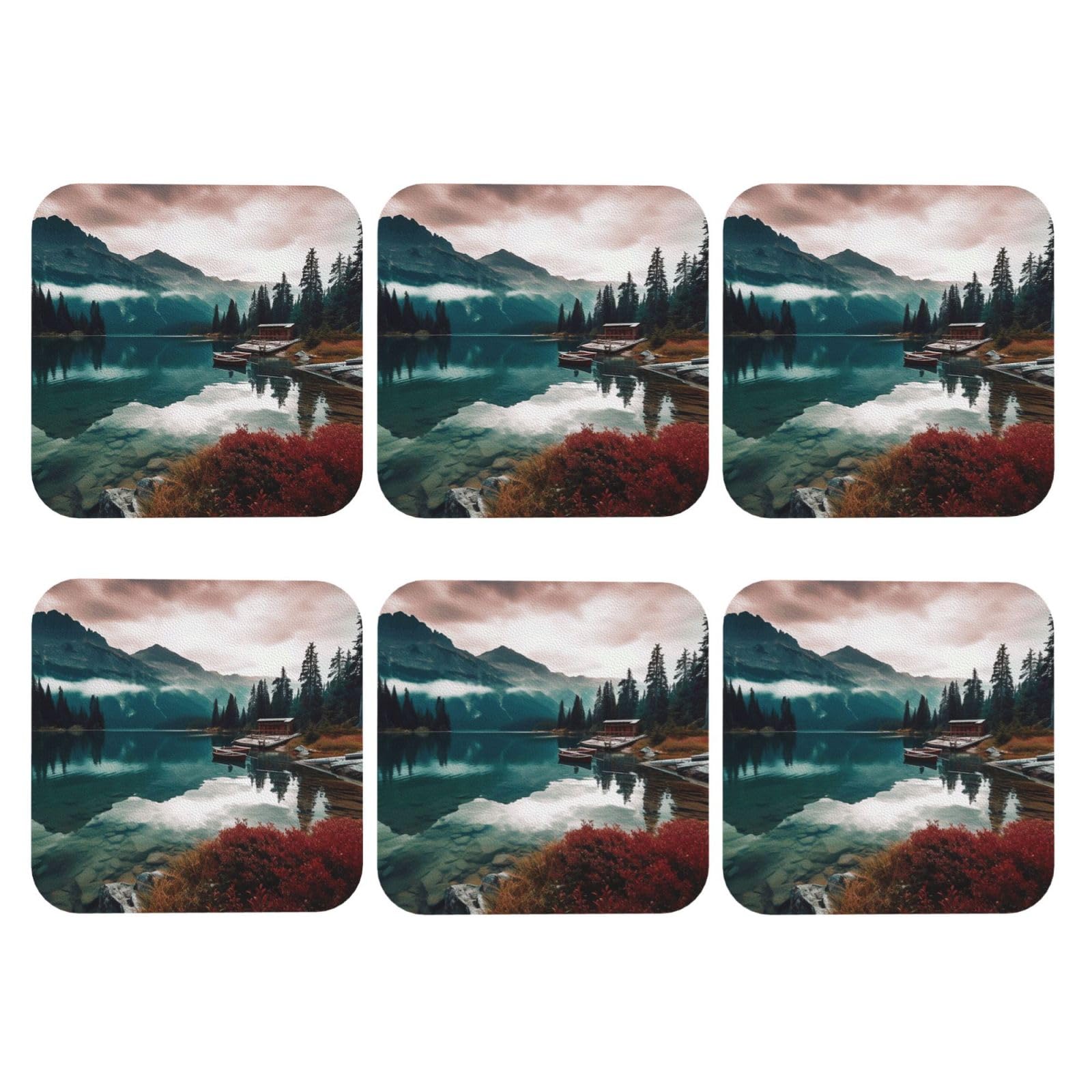 6pcs Leather Coasters for Drinks, Scenic Lake Drink Coasters for Tabletop Protection, 4" Cup Coasters for Coffee Table Decor, Non-Slip Drinking Cup Mat for Hot Or Cold Drink