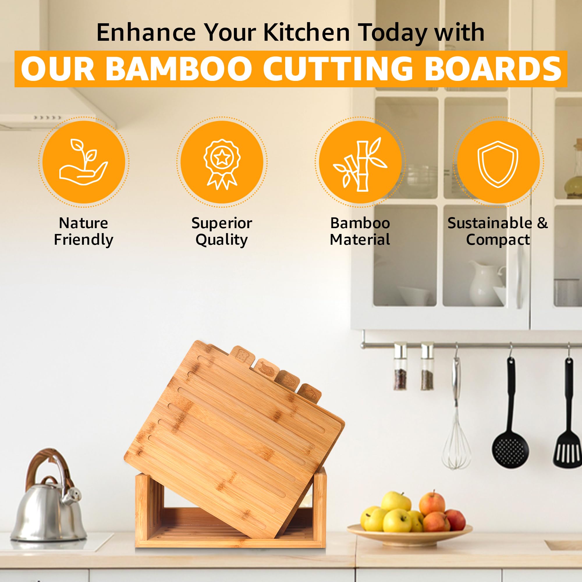 Juego de tablas de cortar de bambú de 4 piezas y tijeras de primera calidad, charcutería y tablas de cortar de madera perfectas, ranura ideal para jugos, sin BPA, artículos de cocina y