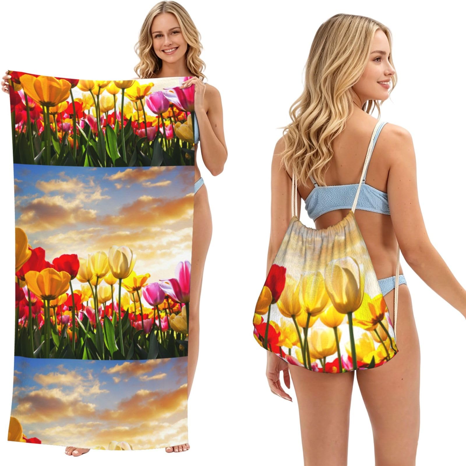 Poadnly As Picture Tulip Flower Sunset, 2 In 1 Packable Towel Bag, Beach Towels With Drawstring Backpack For Travel Holiday Camping