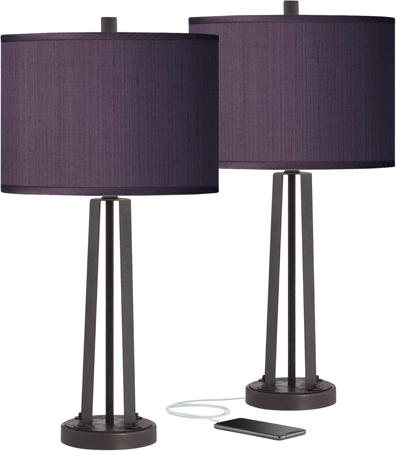 Possini Euro Design Modern Table Lamps 25 1/2" Tall Set of 2 with USB Charging Port Dark Bronze Metal Eggplant Purple Faux Silk Drum Shade for Bedroom Living Room House Desk Bedside Home Office