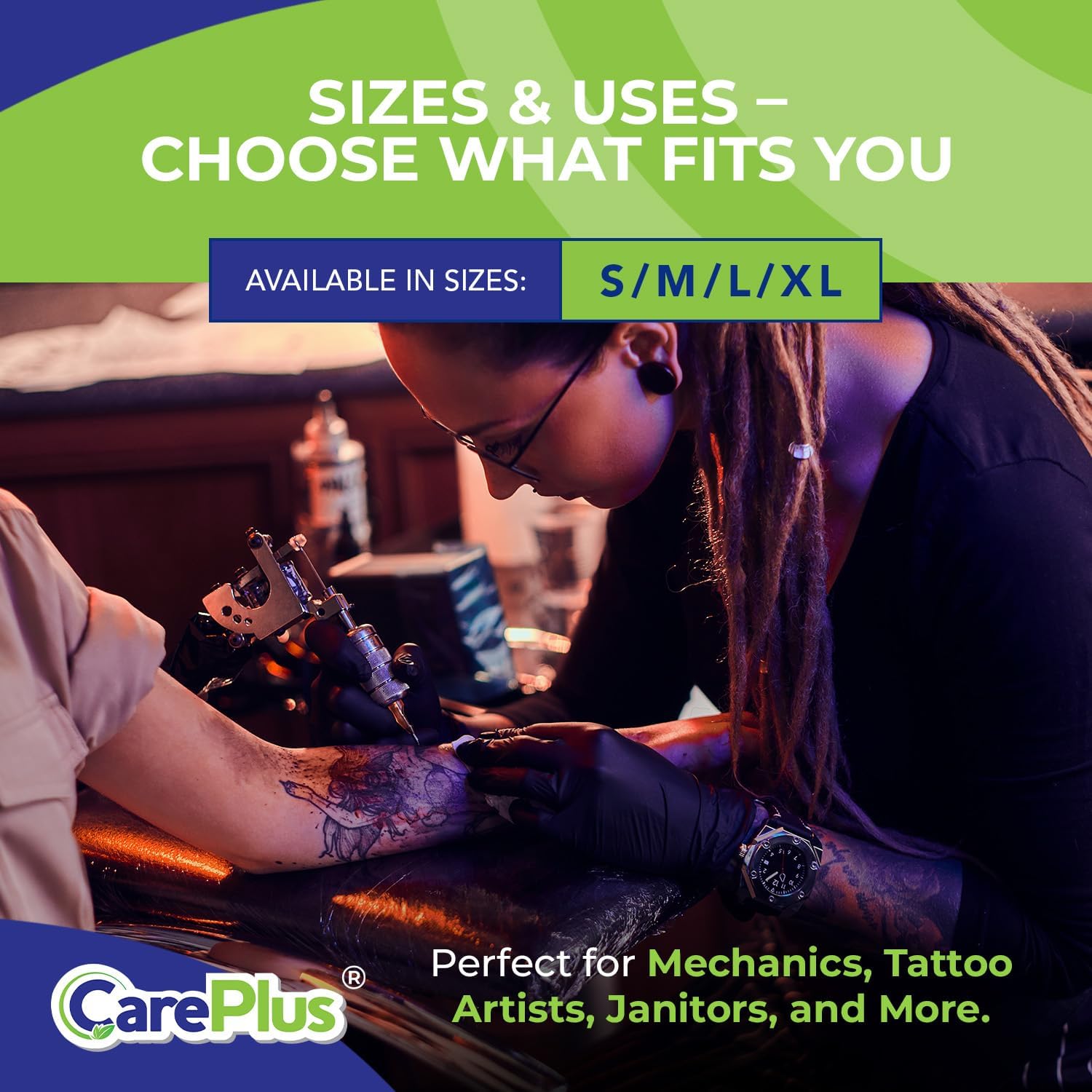 CARE PLUS Nitrile Gloves for Medical Use - Powder & Latex-Free - Black/Blue - S, M, L, XL - 100, 200, 1000