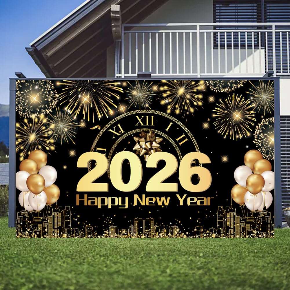 HOWAF Silvester Deko 2026 – Extra Großes Happy New Year Banner, Schwarz-Gold, 185 X 110 Cm