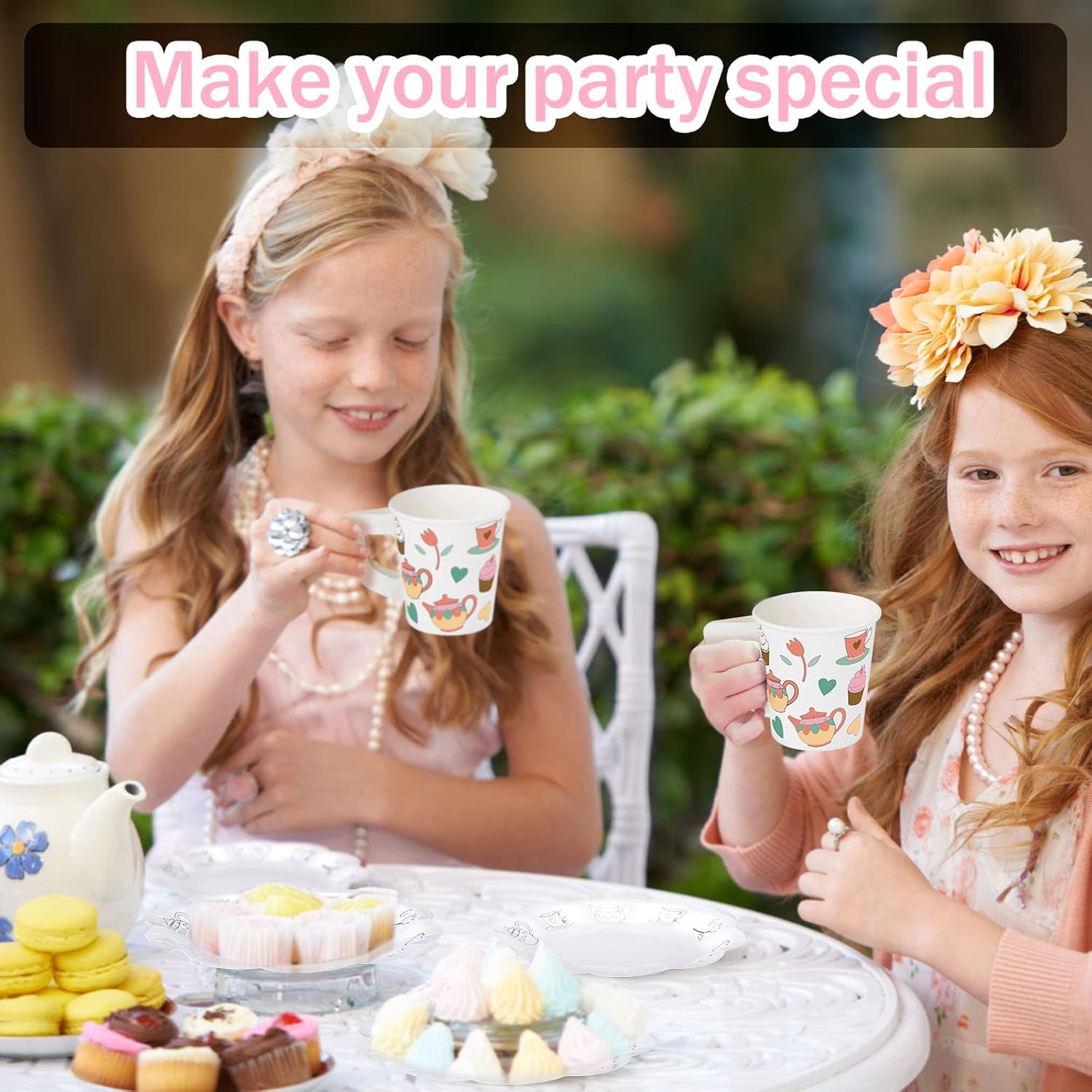 Nuenen 36 Set Color Your Own Tea Party Paper Cups with Handles Disposable Tea Cups and Saucers Plates DIY Coloring Activity Crafts for Kids Birthday Party