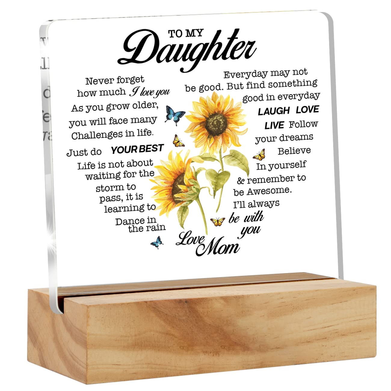 Daughter Gift Daughter Gifts From Mom, Daughter I Love You Desk Decor Floral Acrylic Desk Plaque Sign with Wood Stand Home Office Desk Sign Keepsake