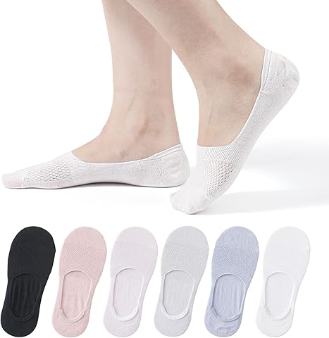 TAGVO 6 Pares Calcetines Invisibles Mujer Algodón, Silicona Antideslizante Suaves Transpirables Anti-Olor Tobilleros, Casuales para Mocasines Zapatos Planos
