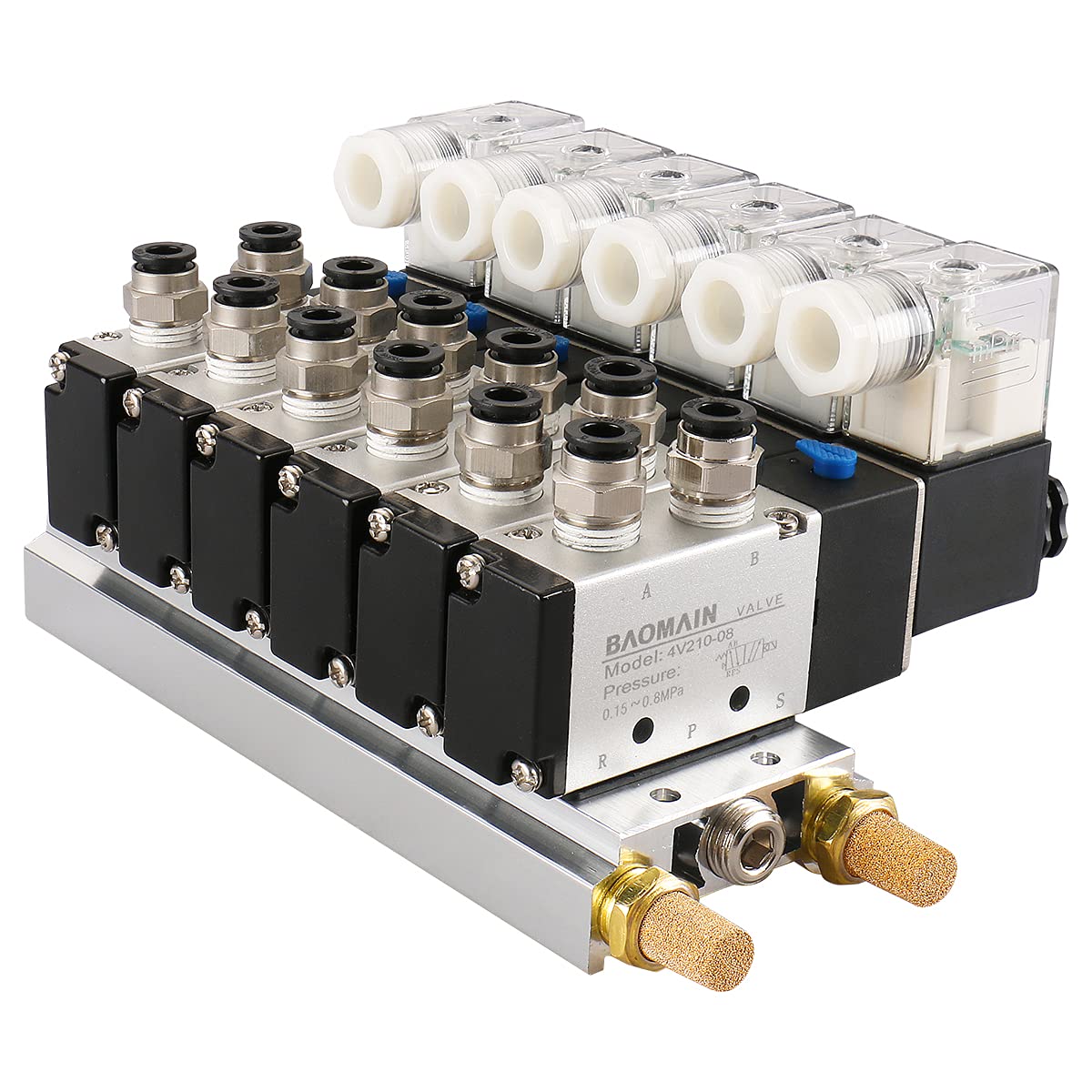 Baomain Válvula solenoide neumática de 6 espacios 4V210-08 CA 24 V de cabeza única, 2 posiciones, 5 vías con silenciador de base, juego de accesorios rápidos