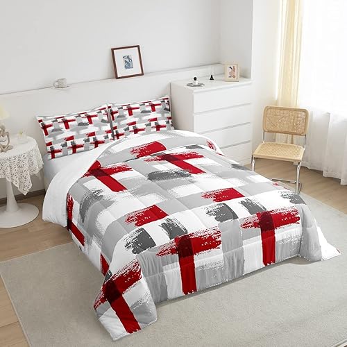 Miniatura 4 de Juego de edredón de rayas rojas, grises y blancas, juego de ropa de cama geométrico degradado, edredón moderno a rayas para niños, niñas, niños,