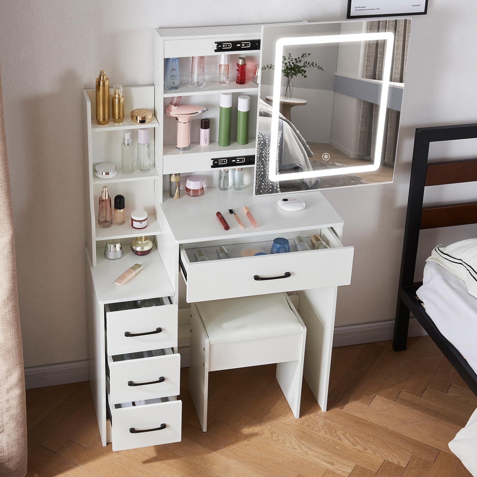 Photo 1 of YAMISSI White Vanity Desk Set, Dressing Table with LED Touch Control and Sliding Mirror for Makeup, 4 Drawers and 7 Cabinets Vanity for Girls and Women