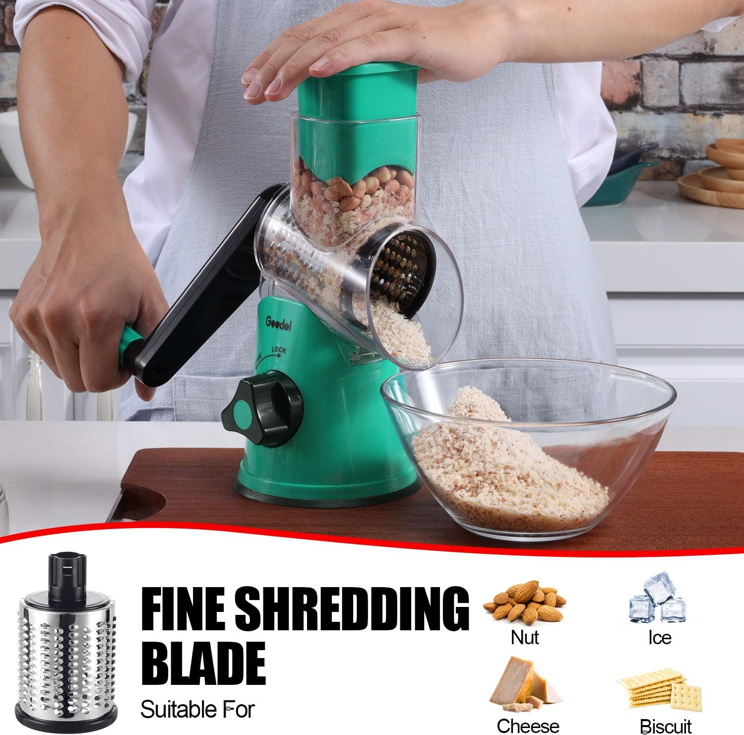 Geedel Rotary Cheese Grater, Kitchen Mandoline Vegetable Slicer with 3 Interchangeable Blades, Easy to Clean Rotary Grater Slicer for Fruit, Vegetables