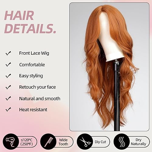 Miniatura 2 de Gingger Cooper - Peluca de encaje frontal con parte media y ondas largas para mujer, peluca natural resistente al calor, para uso diario y cosplay