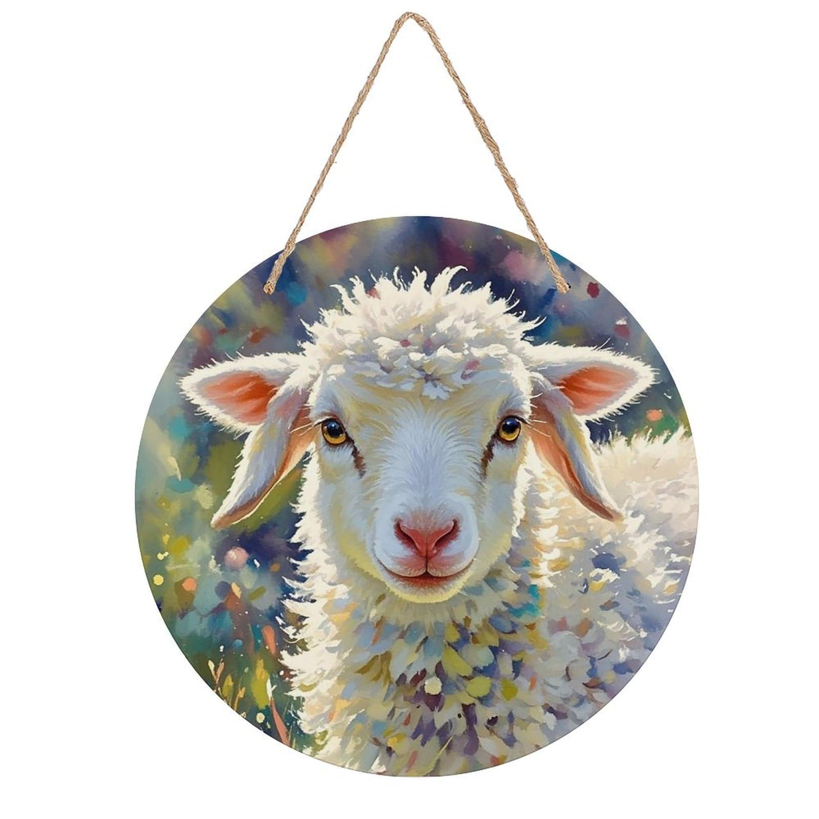 LZQPOEAS Cute Sheep Wall Art Decor Round Wood Hanging Sign Rustic Vintage Wooden Door Hanger with Ropes Decorative Plaque Welcome Sign for Home Indoor Outdoor, 7.9x7.9 in