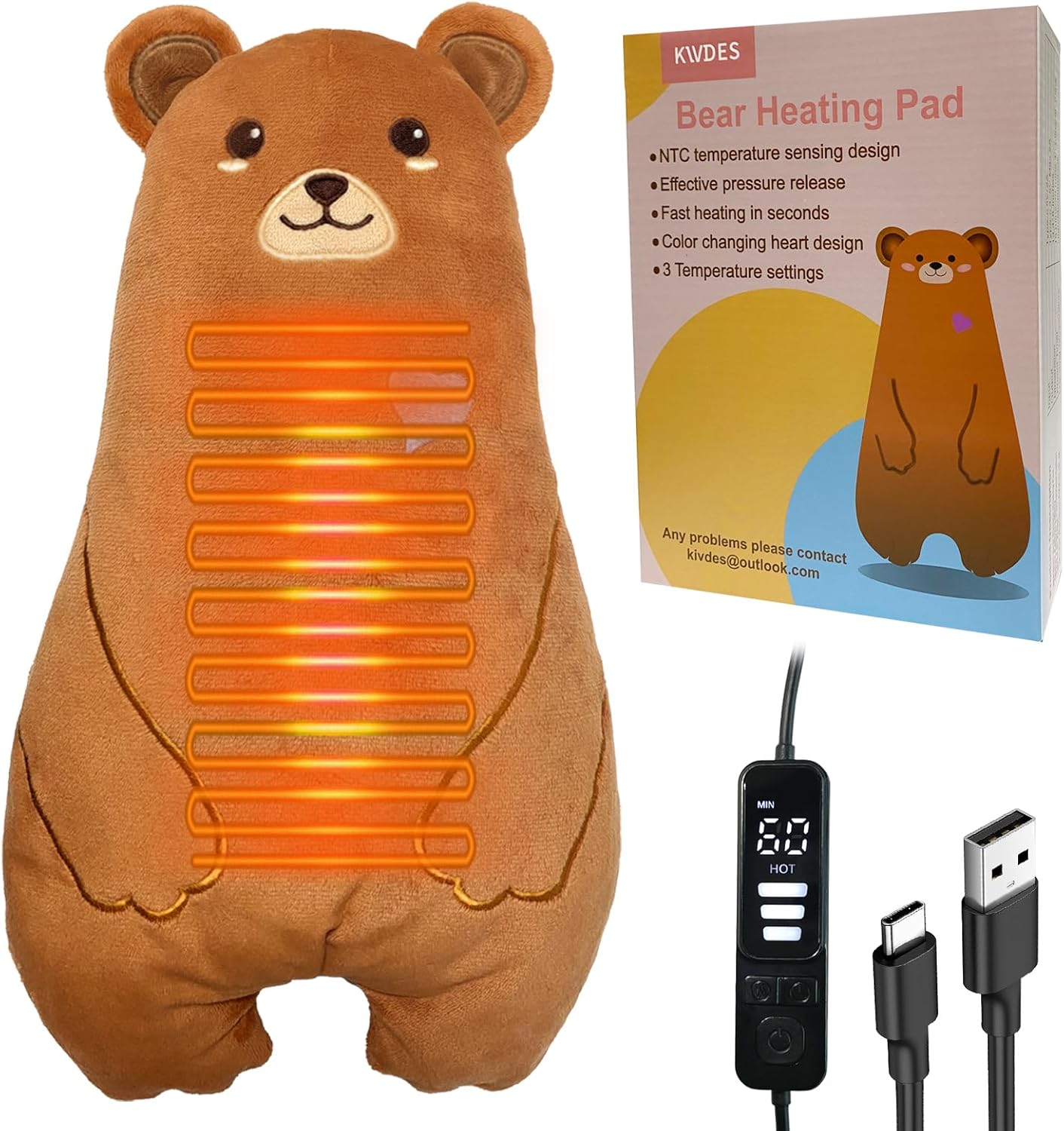 Electric Heating Pad for Period Cramps Pain Relief Menstrual USB Powered Cuddly Stuffed Animal Portable Cute Soft 14" Adorable Bear Neck Shoulder/Back Pain Relief Gift for Women and Kids (M)